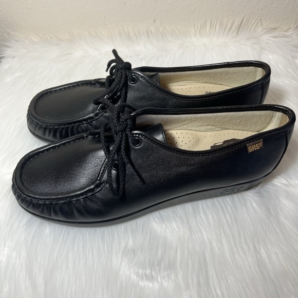 SAS Siesta Lace Up Loafers Women's Sz 10.5 M Black Leather Comfort Tie - Picture 3 of 11